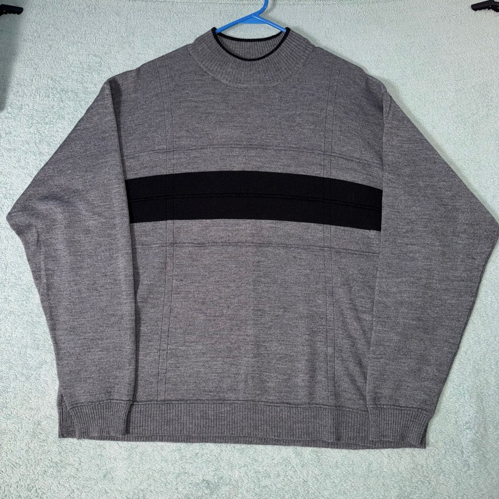 Men's CEZANI Mock Neck Sweater XXL/2XL Gray with Black Stripe Wool Blend